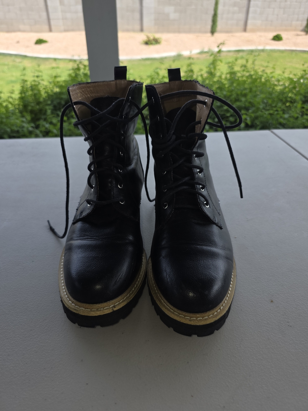 Women's Black Leather Lace-Up Combat Boots with Contrast Welt